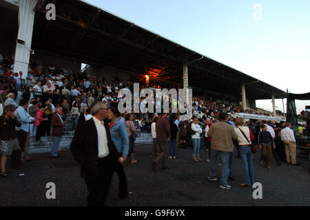 Pferderennen - Epsom Live! Mit der Rennbahn Texas - Epsom Downs. Rennfahrer genießen die Atmosphäre in Epsom Downs Stockfoto