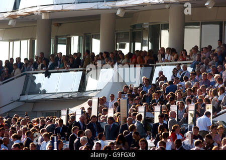 Pferderennen - Epsom Live! Mit der Rennbahn Texas - Epsom Downs. Rennfahrer genießen die Atmosphäre in Epsom Downs Stockfoto