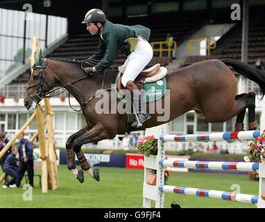 Cian O'Connor auf Waterford Crystal im Wettbewerb in der Leistung und Geschwindigkeit Competition an der Failte Ireland Dublin Horse Show, bei der RDS Dublin geführt Stockfoto