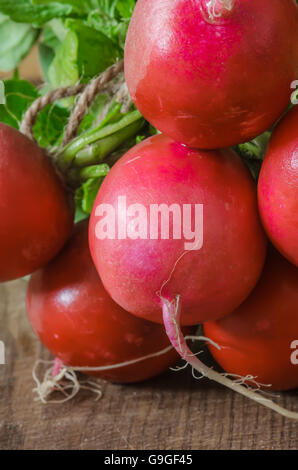 Schöne Bio Radieschen auf hölzernen Hintergrund closeup Stockfoto