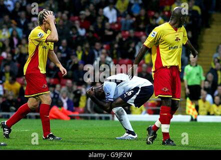 Fußball - FA Barclays Premiership - Watford / Tottenham Hotspur - Vicarage Road. Tottenham Hotspur's Ledley King ruiert eine verpasste Chance Stockfoto