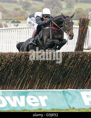 Fair Along, geritten von Jockey Richard Johnson, macht den letzten Zaun auf dem Weg zum Gewinn von Independent Newspaper Novices' Chase auf der Pferderennbahn Cheltenham frei. Stockfoto