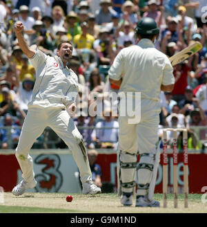 Der englische Steve Harmion feiert den entgangenen australischen Kapitän Ricky Ponting (rechts) am ersten Tag des dritten Testmatches im WACA, Perth, Australien. Stockfoto