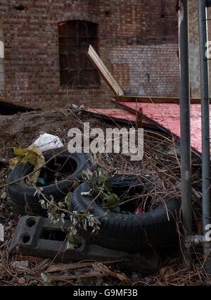 Urbane Fäulnisbestände: Müllsäter am Eingang zu einer verfalleneren Fabrik in Stratford, im Osten Londons, am Rande des olympischen Entwicklungsgebiets von 2012. Stockfoto