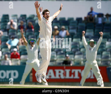 Englands James Anderson appelliert am ersten Tag des Tour-Spiels bei W.A.C.A. erfolglos Ground, Perth, Australien. Stockfoto