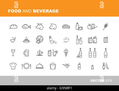 Lebensmittel-, Getränke- und Einzelhandel dünne Linie Icons set Stock Vektor