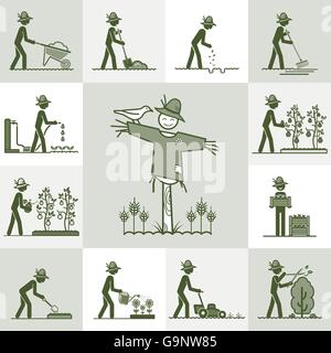 Garten- und Landschaftsbau Illustration mit Strichmännchen und Vogelscheuche Stock Vektor