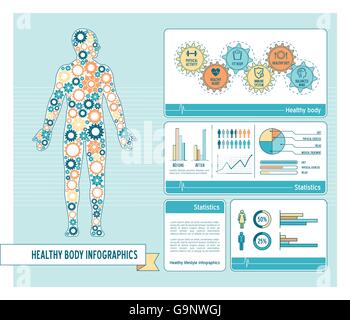 Gesunde Körper und Lifestyle Konzept Infografiken mit menschlichen Körper bestehend aus Getriebe und Diagramme Stock Vektor