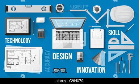 Bau-Ingenieur Desktop mit Arbeitsgeräten, Tablet und Notebook Stock Vektor