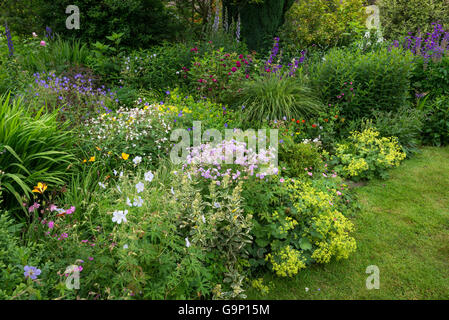 Schöne englische Landschaftsgarten im Hochsommer. Eine Fülle von gemischten Bepflanzung mit verschiedenen Sträuchern und Stauden. Stockfoto