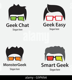 Geek-Chat-Logo-Design. Logo-Vorlage - Nerd, Forum, Community, Gesellschaft, reden, diskutieren, sprechen, Blase, Gespräch. Unternehmen Stock Vektor