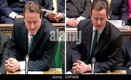 Der konservative Parteichef David Cameron spricht während der Fragestunde des Premierministers am Mittwoch, den 7. Februar 2007 (links) und heute, Mittwoch, den 14. März 2007 (rechts) im Unterhaus. Stockfoto