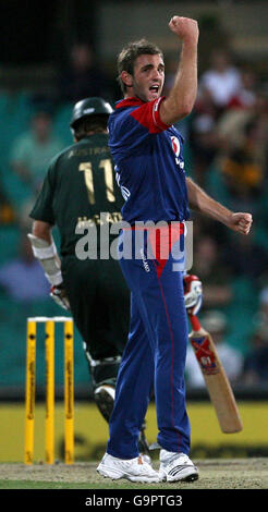 Der englische Liam Plunkett feiert, nachdem er das Dickicht des australischen Glenn McGrath während der Commonwealth Bank Series auf dem Sydney Cricket Ground, Sydney, Australien, miterlebt hat. Stockfoto