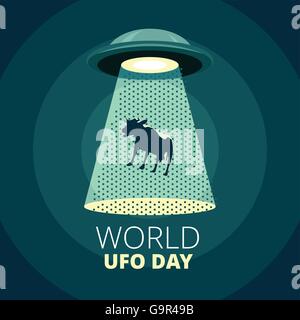 Welt UFO-Tag. Fliegende Untertasse Fang einer Kuh. Stock Vektor