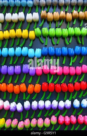 Hölzerne Tulpe Blumen Kühlschrankmagnete auf Verkauf in den Blumenmarkt in Amsterdam, Holland Stockfoto