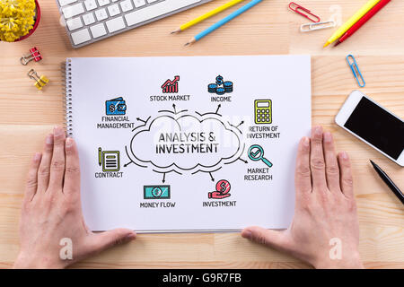 Analyse und Investitionen Diagramm mit Schlüsselwörter und Symbole zu skizzieren Stockfoto