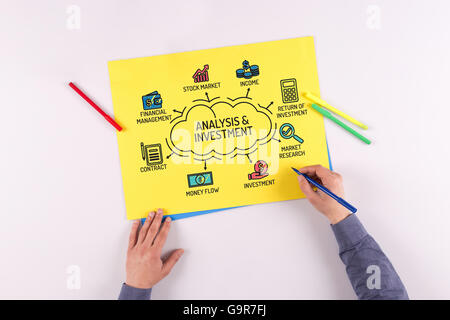 Analyse und Investitionen Diagramm mit Schlüsselwörter und Symbole zu skizzieren Stockfoto