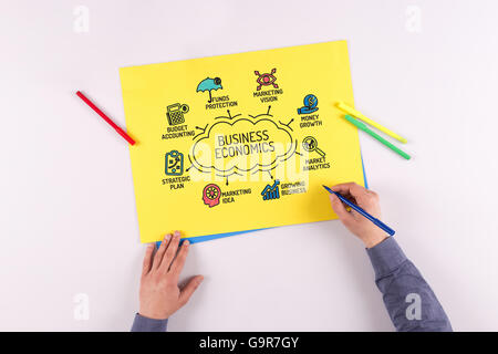 Betriebswirtschaft Diagramm mit Schlüsselwörter und Symbole zu skizzieren Stockfoto