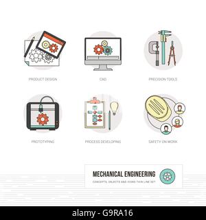 Maschinenbau, Prototyping und Prozess Entwicklungskonzepte, dünne Linie Symbole und Objekte festlegen Stock Vektor