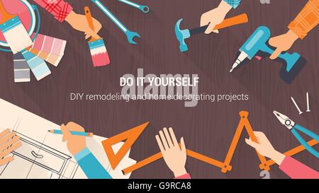 DIY-Banner mit Werkzeugen gesetzt und Team zusammenarbeiten Hände hautnah, Vintage-Farben Stock Vektor