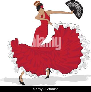 Hübsche Flamenco-Tänzerin in langen roten Kleid mit Ventilator Stock Vektor