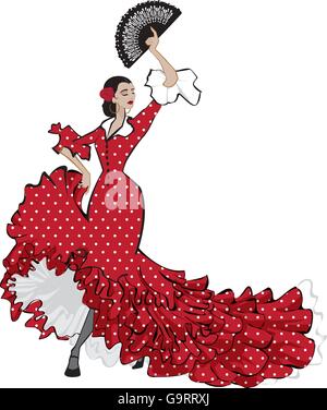 Bunte Vektor-Illustration von einem hübschen weiblichen Flamenco-Tänzerin in langen roten Kleid mit Ventilator Stock Vektor
