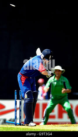 Ed Joyce wird von Irlands Boyd Rankin während des ICC Cricket World Cup Super Eights-Spiels im Guyana National Stadium, Georgetown, Guyana, angeführt. Stockfoto