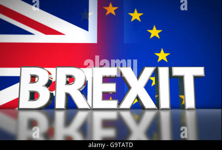 Brexit britischen Referendum UK mit Zeichen und Union Jack und EU-Fahne mit Übergangseffekt auf Hintergrund 3D Illustration Konzept. Stockfoto