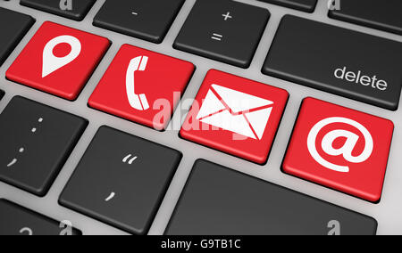 Website Kontakt Konzept mit Symbol auf einer Computer-Tastatur-3D-Illustration und Standort-Symbol, e-Mail und Telefon. Stockfoto