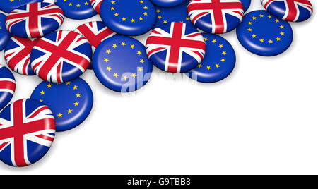 Brexit britischen Referendum Konzept mit UK- und EU-Flagge auf Campain Pin Abzeichen 3D-Illustration auf weißem Hintergrund. Stockfoto