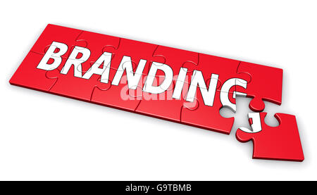 Corporate branding Development und Marke marketing-Konzept mit Word auf einem roten Jigsaw Puzzle 3D Illustration auf weißem Hintergrund. Stockfoto