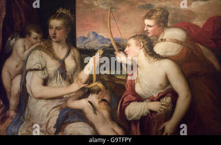 Tizian - Tiziano Vecellio (ca. 1488/90-1576), Venus, Amor, ca. 1565 spuckten. Stockfoto