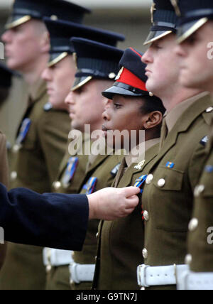 Soldaten der Welsh Guards werden heute in der Wellington Barracks in London vom Armeeminister Adam Ingram für ihre Verdienste in Bosnien mit Medaillen ausgezeichnet. Stockfoto