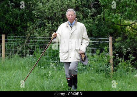 Der britische Prinz Charles, der Prinz von Wales, bei einem Spaziergang zwischen der Clattinger Farm und der Lower Moor Farm in der Nähe von Malmesbury, Wiltshire. Stockfoto