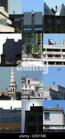 Gesamtbild von 12 der 31 gusseisernen Skulpturen, die der Künstler Antony Gormley als Teil seines neuen Hauptwerks "Event Horizon" auf Dächern und in Fußgängerzonen rund um Westminster und Waterloo in London platziert hat. Stockfoto