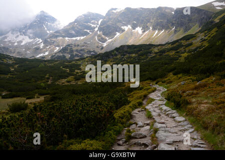 Trail, Gipfel und Wolken im Gasienicowa-Tal im Tatra-Gebirge in der Nähe von Zakopane in Polen Stockfoto