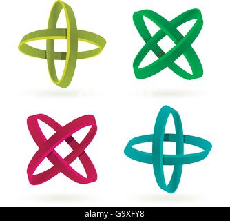 Isolierte grün, set blaue und rote Farbe Kreuz Vektor-Logo. Abstrakte Kreise auf dem weißen Hintergrund. Geometrische Elemente Sammlung. Buchstabe X. chemische Symbole. Multiplikation und Zeichen. Stock Vektor