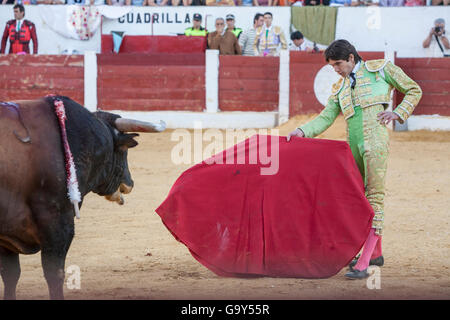 Andujar, Spanien - 12. September 2008: Der spanischen Stierkämpfer Sebastian Castella Stierkampf mit der Krücke in der Stierkampfarena Stockfoto