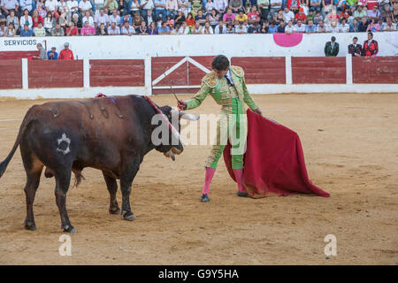 Andujar, Spanien - 12. September 2008: Der spanischen Stierkämpfer Sebastian Castella Stierkampf mit der Krücke in der Stierkampfarena Stockfoto