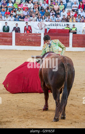 Andujar, Spanien - 12. September 2008: Der spanischen Stierkämpfer Sebastian Castella Stierkampf mit der Krücke in der Stierkampfarena Stockfoto