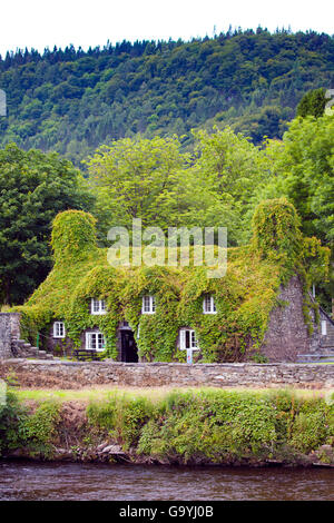 Besucher genießen die Tu Hwnt I'r Bont Teestube während der trockenen buchstabieren Romanum, North Wales, UK. Stockfoto