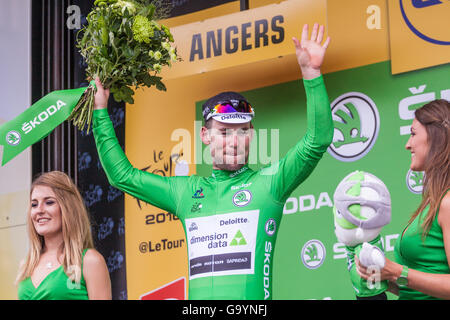 Angers, Frankreich. 4. Juli 2016. Mark Cavendish auf dem Podium der 103. Auflage der Tour de France in Angers, Frankreich. Bildnachweis: Julian Elliott/Alamy Live-Nachrichten Stockfoto