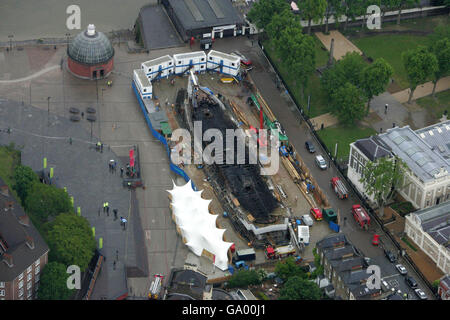 Luftaufnahme der Überreste der Cutty Sark in Greenwich, East London. Stockfoto