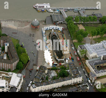 Luftaufnahme der Überreste der Cutty Sark in Greenwich, East London. Stockfoto