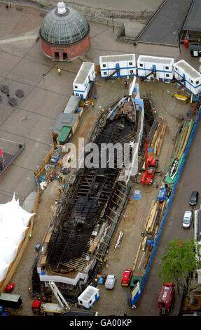 Luftaufnahme der Überreste der Cutty Sark in Greenwich, East London. Stockfoto