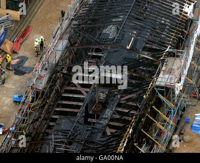 Luftaufnahme der Überreste der Cutty Sark in Greenwich, East London. Stockfoto