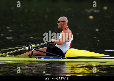 Rudern - Weltmeisterschaft 2007 - Bosbaan. Der deutsche Marcel Hacker tritt beim Einzel-Sculls der Männer - 3. Quaterfinale während des Events 2 der Ruderweltmeisterschaft in Bosbaan, Holland, an. Stockfoto