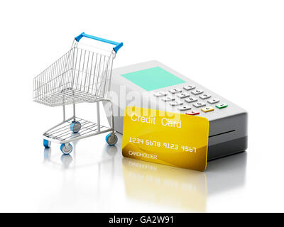 3D Renderer Bild. Kreditkarte und Kartenleser mit Warenkorb. -Shopping-Konzept. Isolierten weißen Hintergrund. Stockfoto
