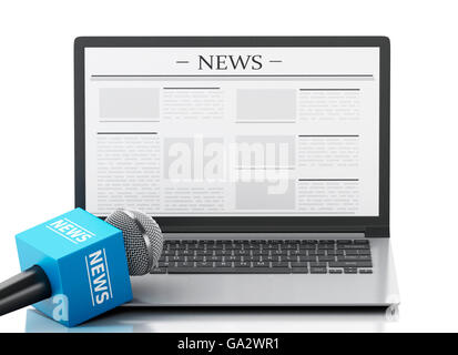 3D Renderer Bild. News-Mikrofon und Laptop mit News-Artikel. Isolierten weißen Hintergrund. Stockfoto