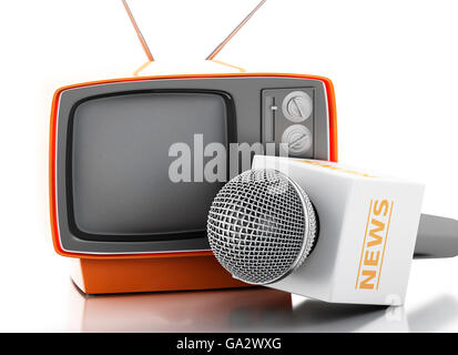 3D Renderer Bild. News-Mikrofon mit Retro-tv. Aktuelles Konzept. Isolierten weißen Hintergrund. Stockfoto